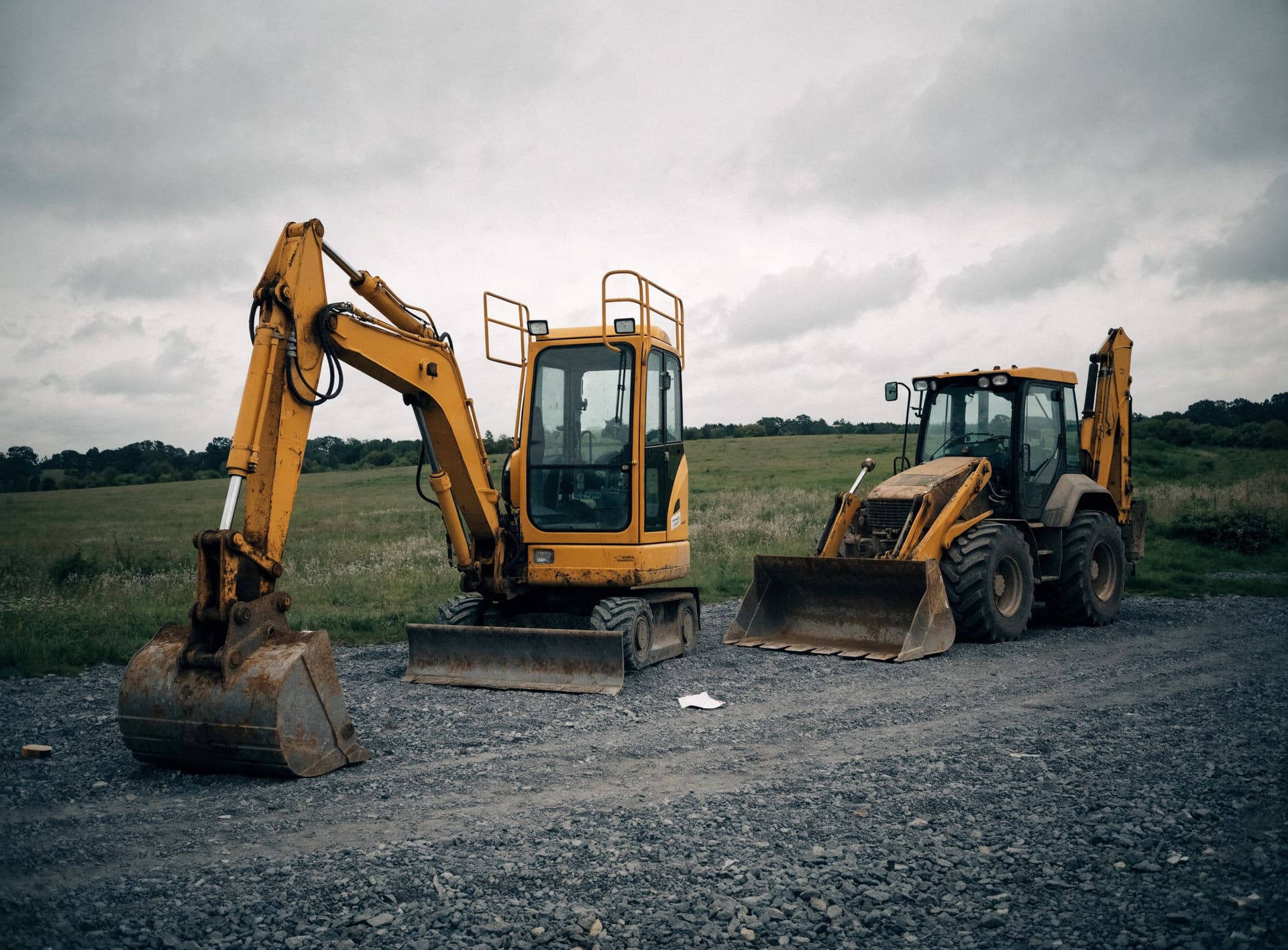 Representative photograph: a compact excavator and a backhoe loader on a gravel yard