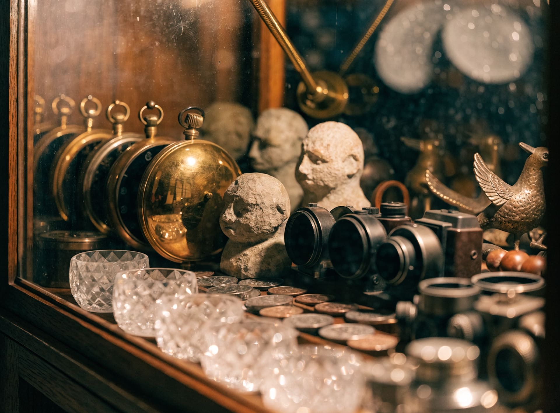 Representative photograph: pocket watches, cameras, coins and small sculptures in a glass cabinet