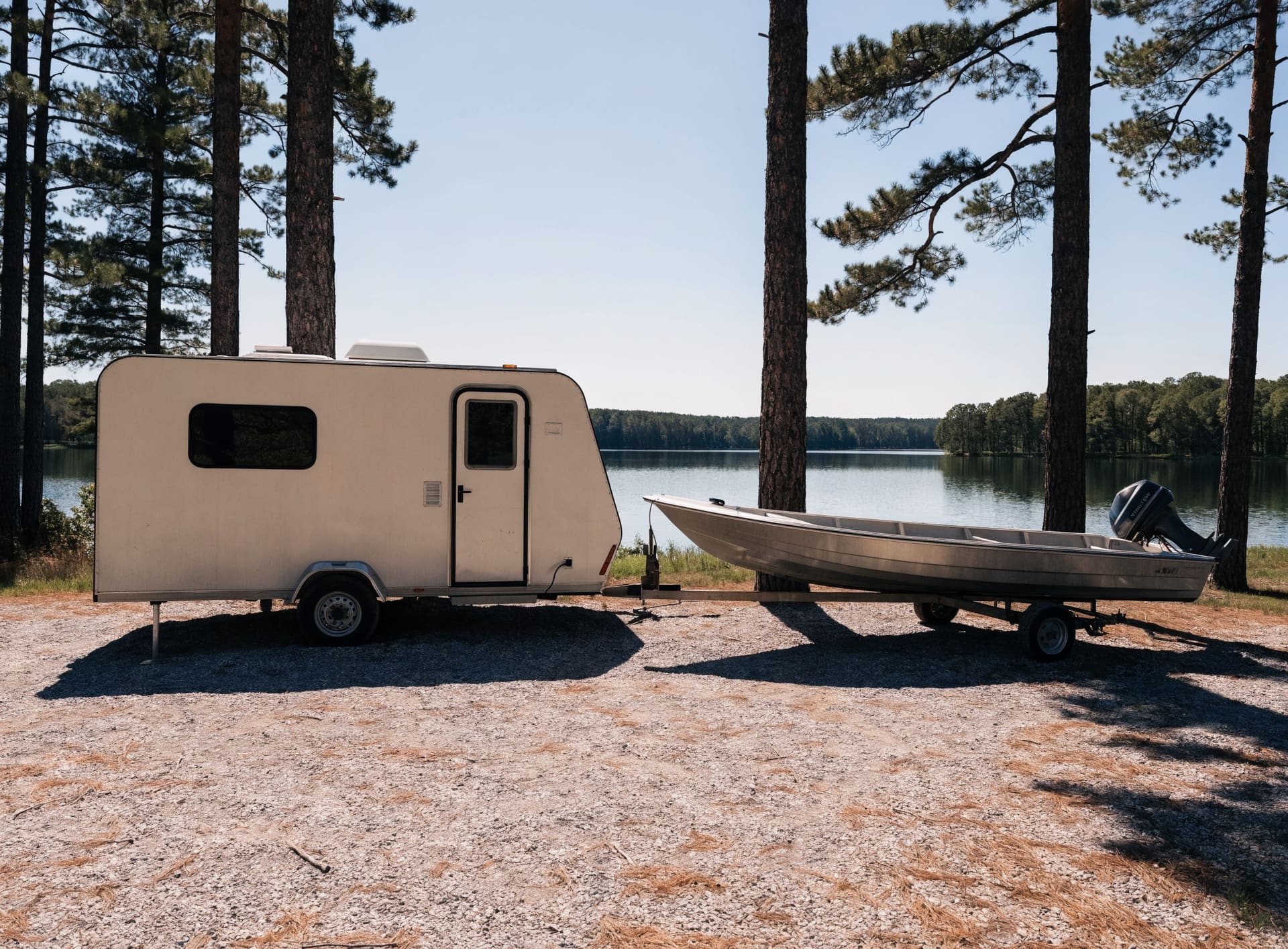 Representative photograph: a travel trailer and a fishing boat on a trailer near a lake