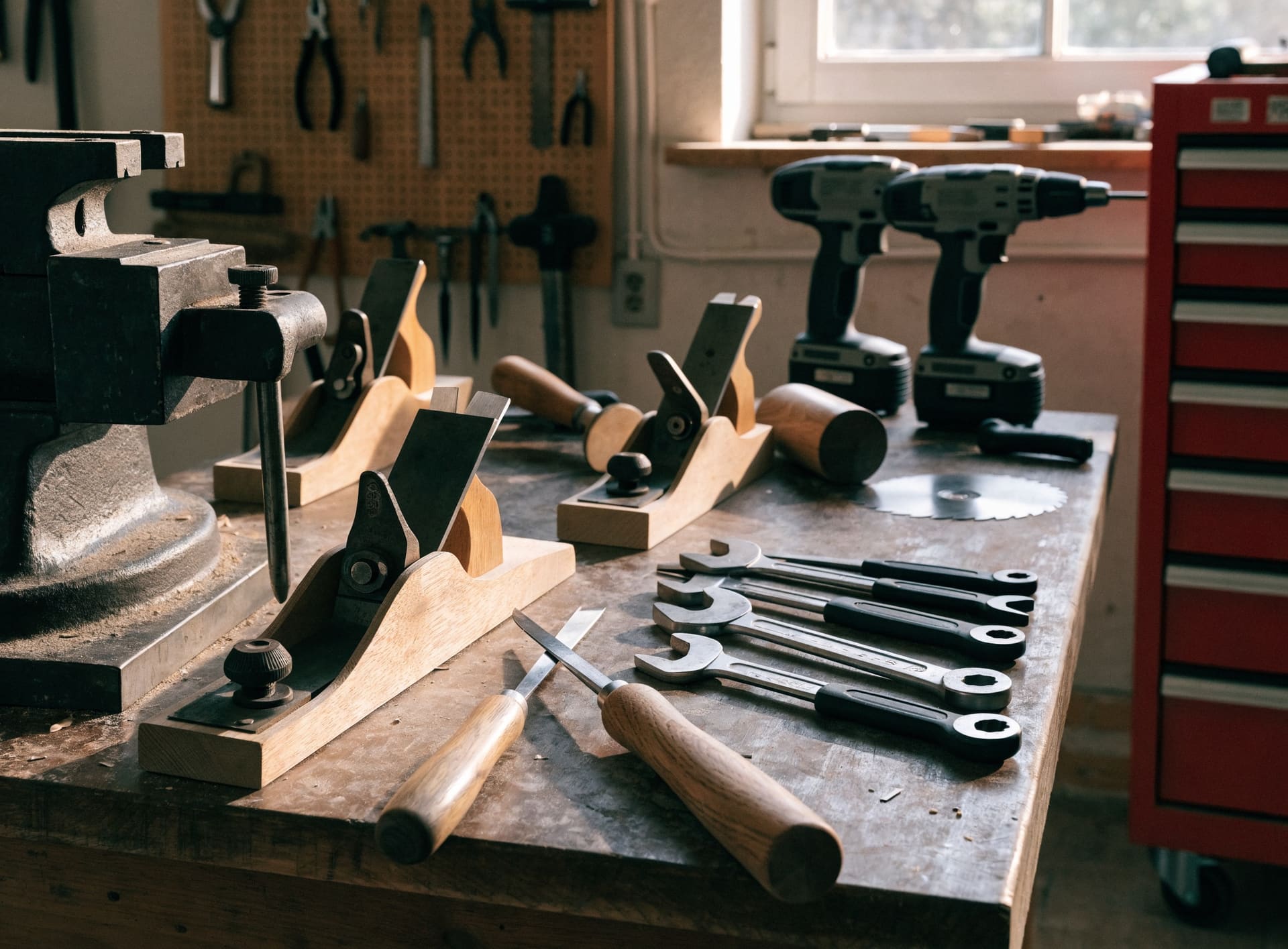 Representative photograph: hand and power tools on a workshop bench and pegboard