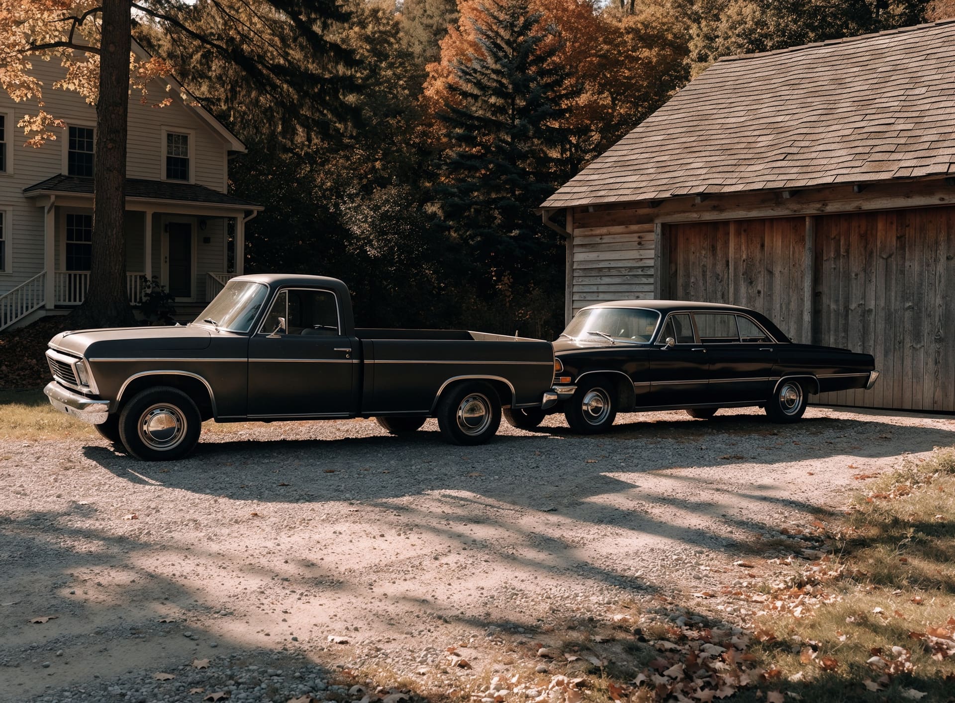 Representative photograph: an older pickup truck and a classic sedan in a driveway