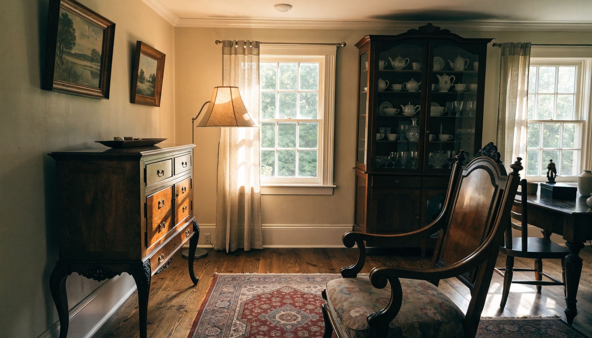 Representative photograph: antique furniture, paintings and a china cabinet in a sunlit farmhouse room