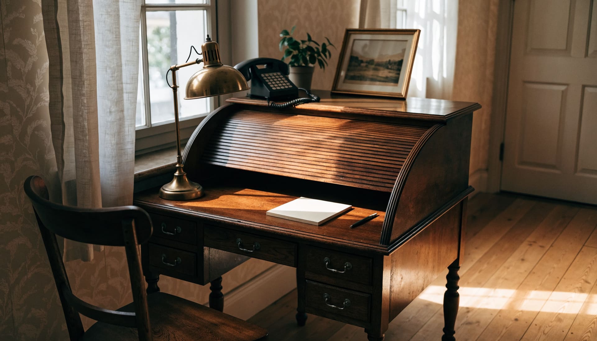 Representative photograph: a wooden roll-top desk with a telephone and brass lamp by a window