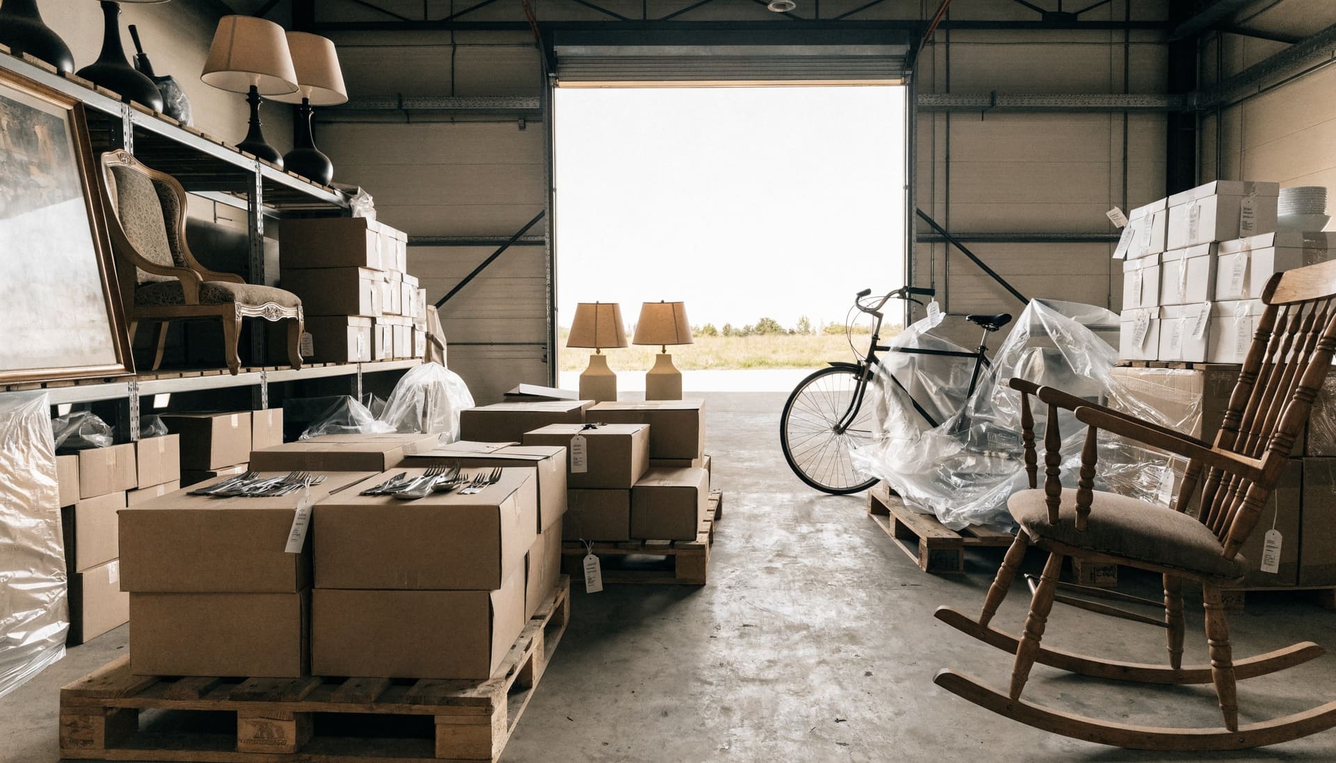 Representative photograph: auction lots grouped on shelving and pallets beside an open warehouse door