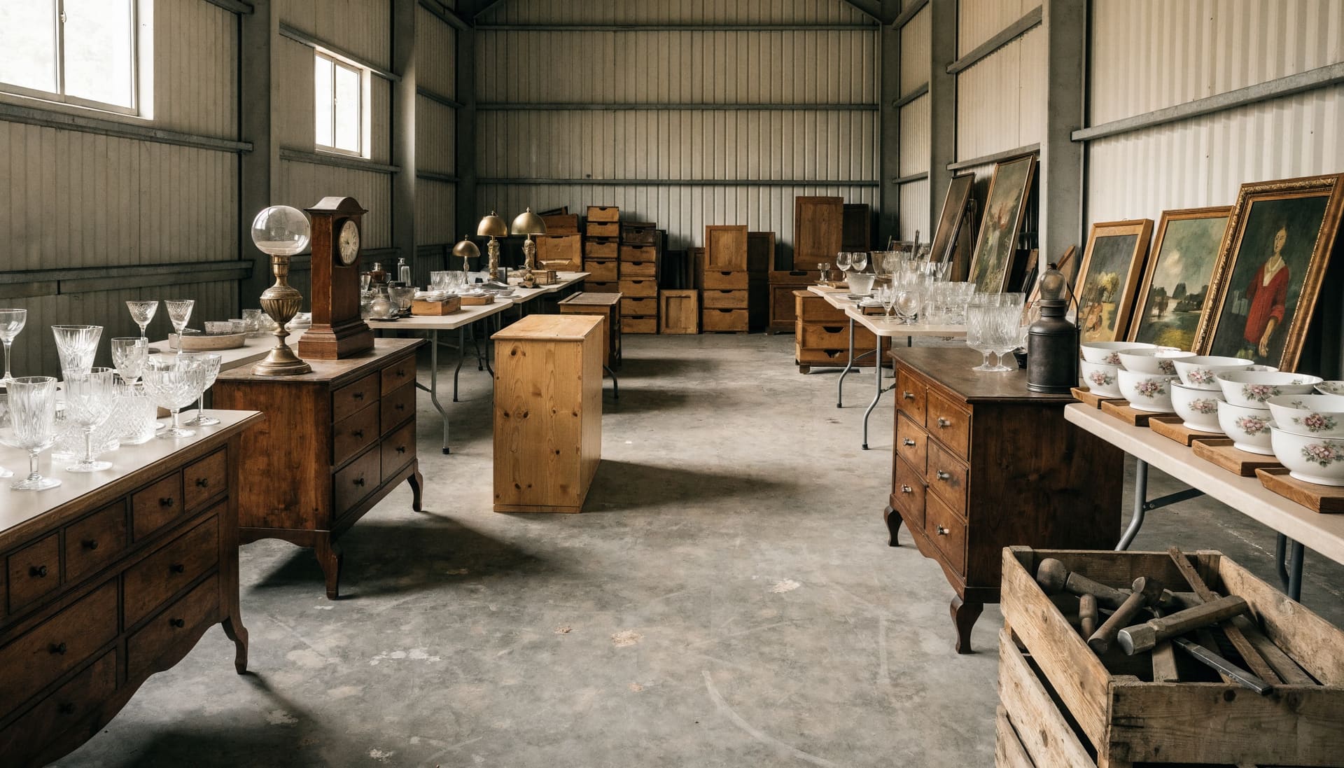 Representative photograph: estate contents laid out on tables in a warehouse for cataloguing
