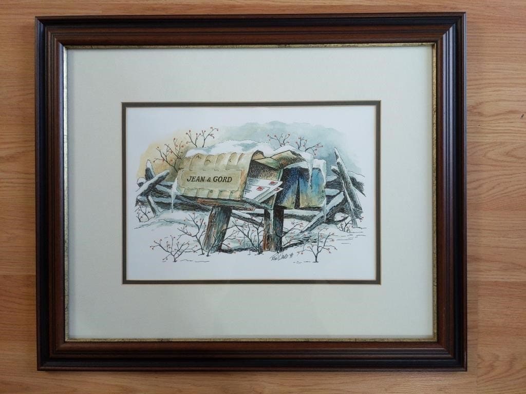Framed and matted watercolour print, photographed for an online auction