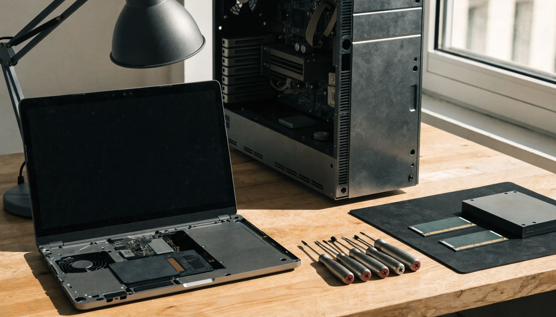 Representative photograph: an opened laptop and desktop tower on a repair bench