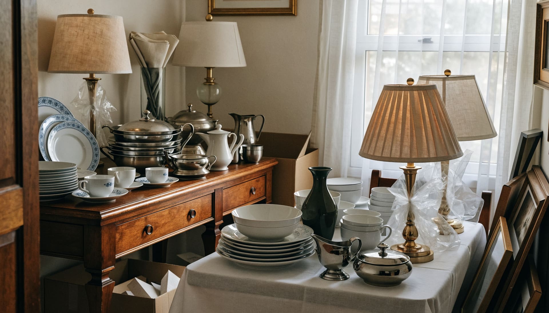 Representative photograph: household contents sorted on a dining table during downsizing