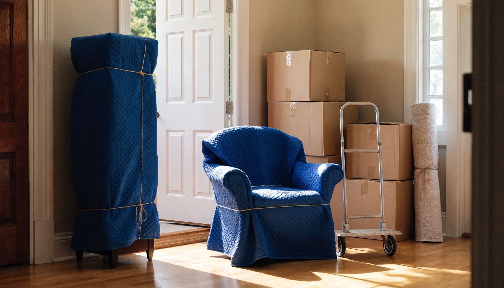 Representative photograph: furniture wrapped in moving blankets beside packed boxes and a dolly