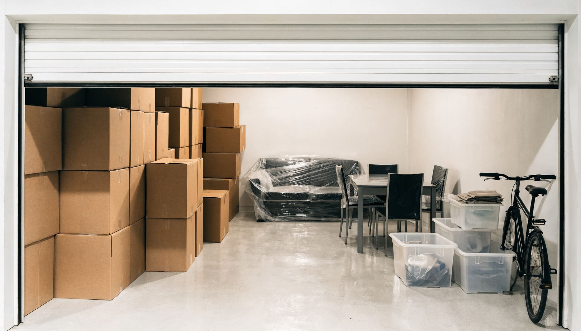 Representative photograph: boxes and furniture stored in a clean indoor storage unit